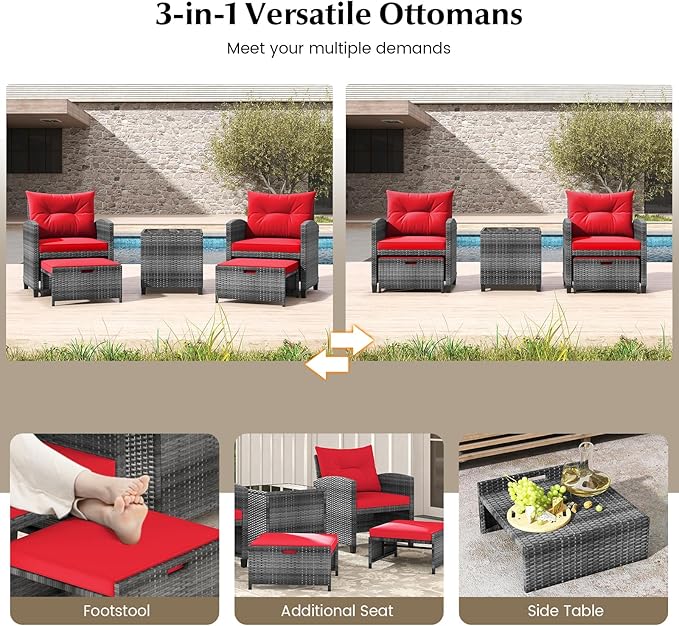 Tangkula 5 Pieces Patio Conversation Set, PE Wicker Rattan Outdoor Furniture Set with 2 Chairs, 2 Ottomans & Tempered Glass Coffee Table, Ideal for Poolside, Backyard, Lawn, Deck, Mix Grey & Red