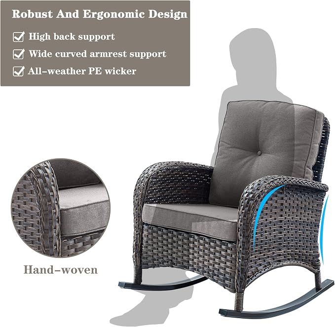 Belord Patio Rocking Chairs Furniture Set of 6, Outdoor Wicker Furniture Sets with Wicker Rocker, Small Patio Conversation Sets with Outdoor Couch Ottomans Brown/Grey