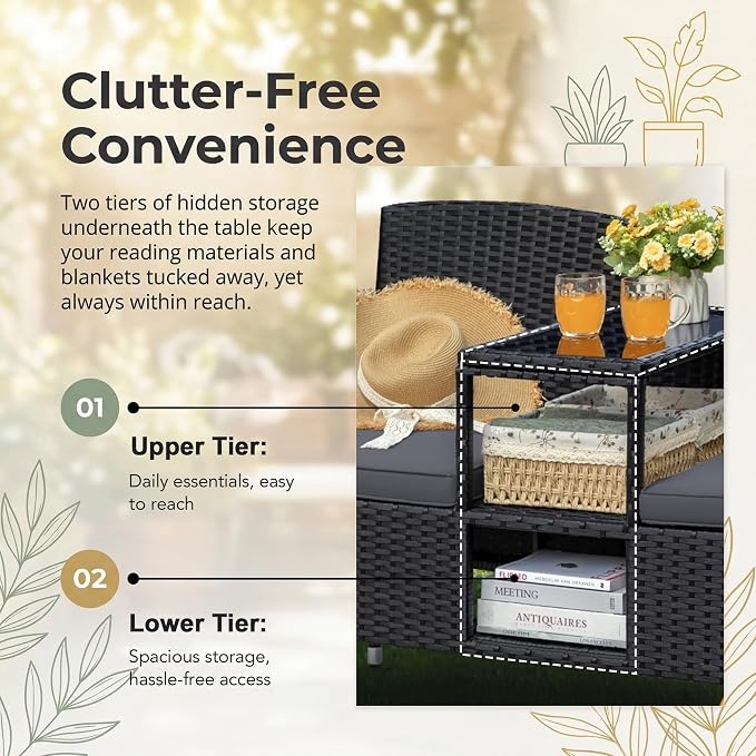 Devoko Outdoor Patio Loveseat Modern Rattan 2-Seat Patio Conversation Set with Cushions & Built-in Coffee Table Porch Furniture for Garden Lawn Backyard (Grey)