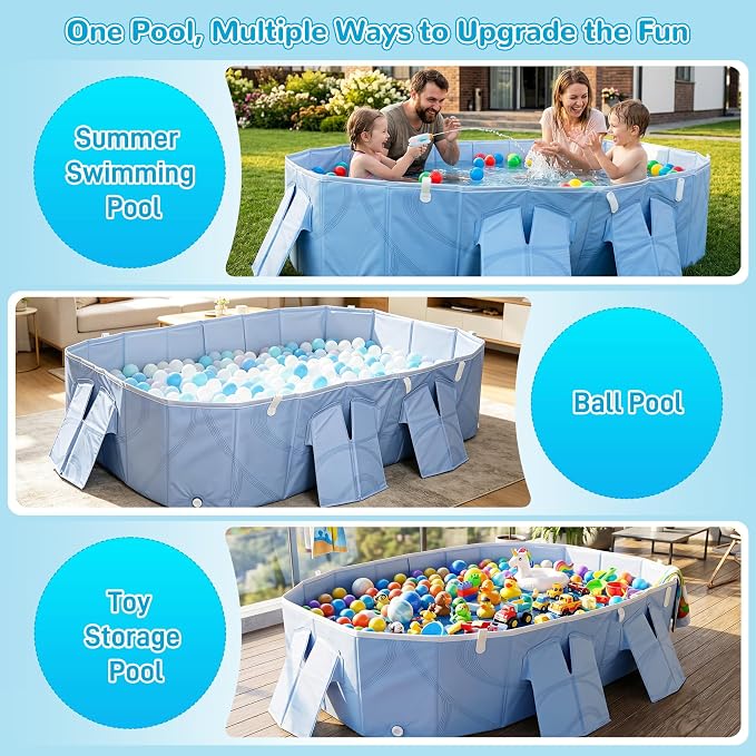 Foldable Pool with Canopy,Large Portable Pool for Adult,Thickened Collapsible Folding Pool for Backyard,85×50×22 in,20 Seconds Installation&Titanium Silver Canopy,Feels-Like Temp 50°F – 64.4°F,Blue