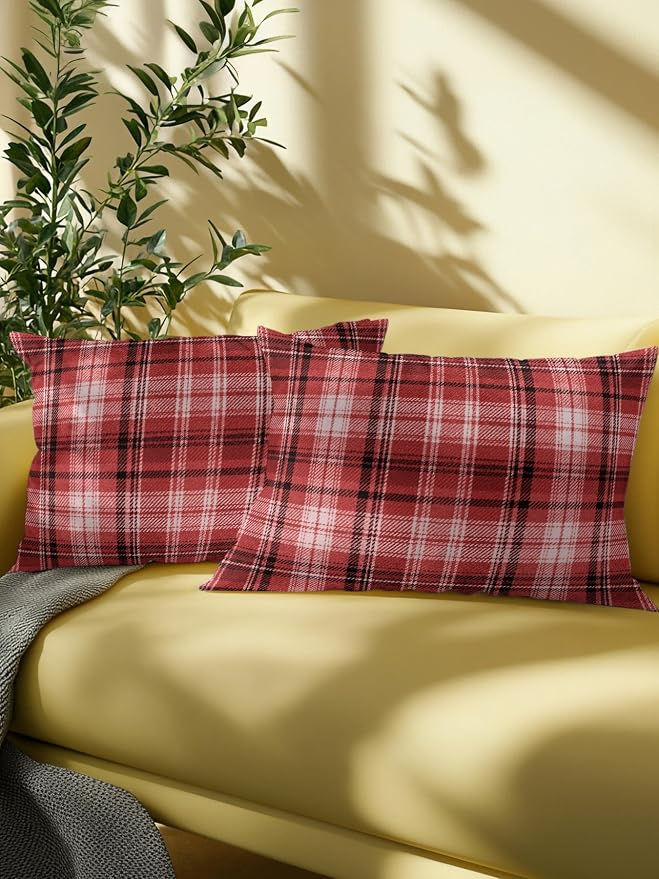 Waterproof Outdoor Pillow Set of 2 Red Checked Plaid Decorative Throw Pillows Cover & Insert 20x12 Inch Lumbar Pillowcase Stripes Woven Grid Pillows for Couch Sofa Bed Patio Furniture Indoor Outdoor