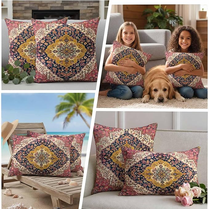 Southwest Aztec Waterproof Outdoor Pillow Covers Set of 2 Home Decor, Boho Tribe Traditional Floral Patterned Pillowcase Patio Pillow Covers for Couch Bench Furniture Garden 24x24in
