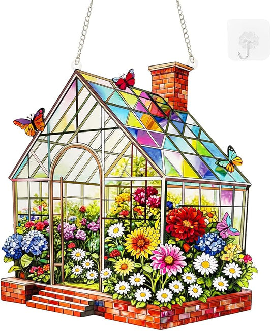 Stained Glass Suncatcher Window Hanging, Marzovitra 10 Inch Greenhouse Garden with Flowers Butterflies, Colorful Floral Real Glass Panel for Home Sunroom Patio Porch Indoor Outdoor Decor Gift Idea