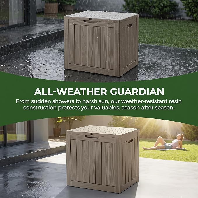 35 Gallon Deck Box Outdoor Waterproof, Resin Storage Box Outdoor Lockable, Multipurpose Outside Container for Patio Cushions, Garden Tools & Package Drop, UV & Fade Resistant, Brown