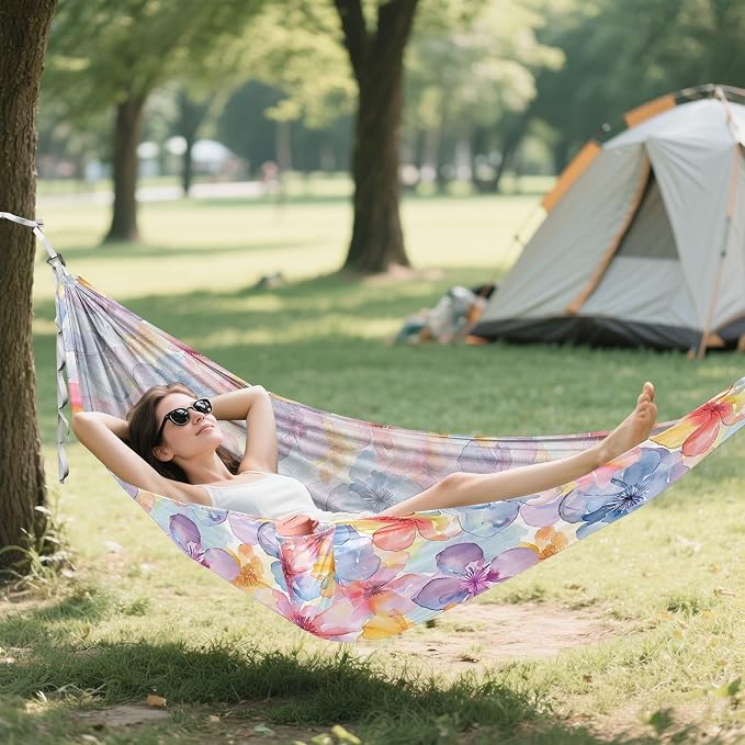 Camping Hammock Outdoor Hammocks for Outside Watercolored Flower Beach Trees Portable Lightweight with Pockets Tree Straps Indoor Small