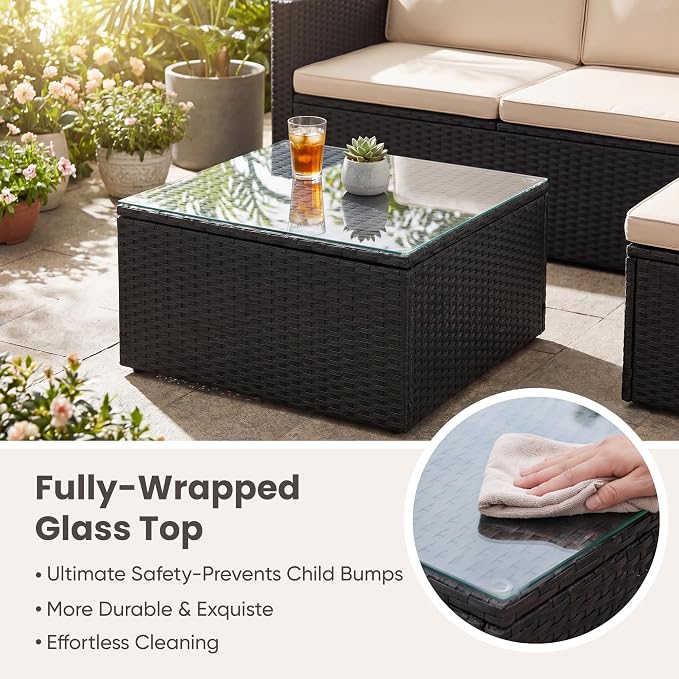 Devoko Patio Sofa,Outdoor Furniture Set 4 Pieces,Wicker Sectional Couch with Glass Desktop and 75.9in Wide Backrest for Backyard, Deck,Porch & Poolside(Black)