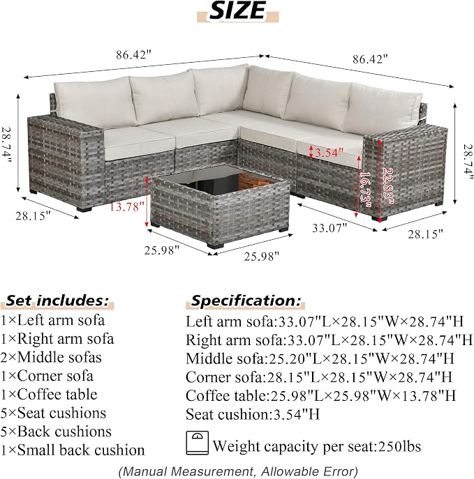 HOOOWOOO Modular Patio Outdoor Sectional Furniture Set,6 Pieces Wicker Conversation Sofa Set,Out Door Couch Set with Wide Arm for Outside All Weather(Beige)