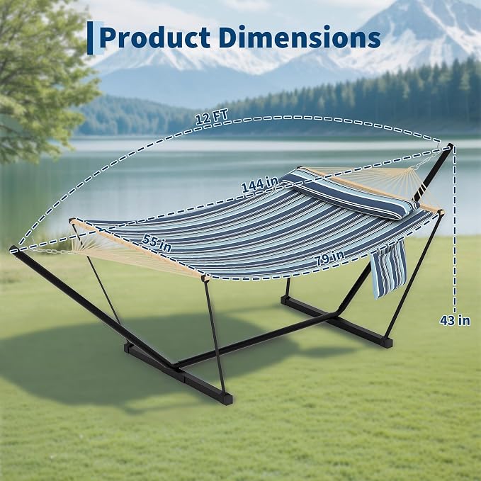 Freestanding Hammock with Heavy Duty Steel Stand, 450 LBS Weight Capacity Double Quilted Hammock Bed with Head Pillow & Side Storage Pocket, Blue for Patio Garden Backyard Beach
