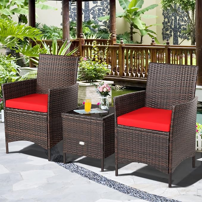 COSTWAY 3 Pieces Patio Rattan Furniture Set, Outdoor Wicker Cushioned Sofa with Tempered Glass Tabletop, Rattan Conversation Set for Porch Yard Balcony Backyard Pool, Red