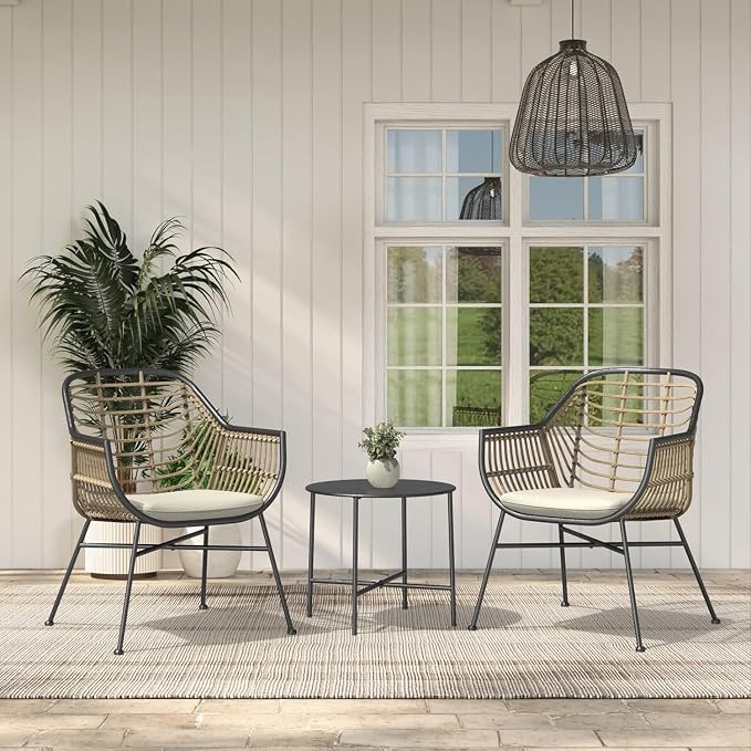 Grand patio Patio Furniture Set, Outdoor Wicker Patio Conversation Seating Chair with Cushions and Coffee Table, Boho Seating Chat Set for Indoor Outdoor, Balcony, Porch, Garden, Deck