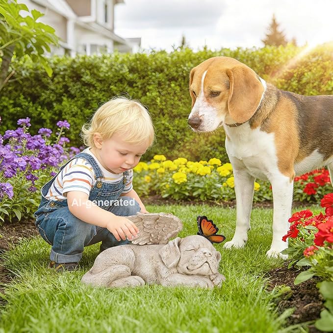 WONDER GARDEN Sleeping Dog Angel Statue with Solar Light - Pet Memorial Stone, in Memory of Dog, Marker Tribute Statues, Resin Guardian Angels, Bereavement Gift
