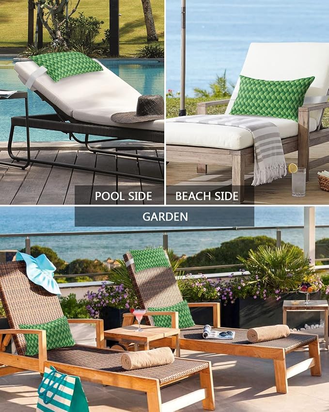 Outdoor Pillows Covers with Inserts Summer Abstract Geometric Ombre Green Ocean Wave Waterproof Pillow with Adjustable Strap Throw Pillows for Patio Furniture Recliner Lounge Chair, 12x20 inch, 2PCS