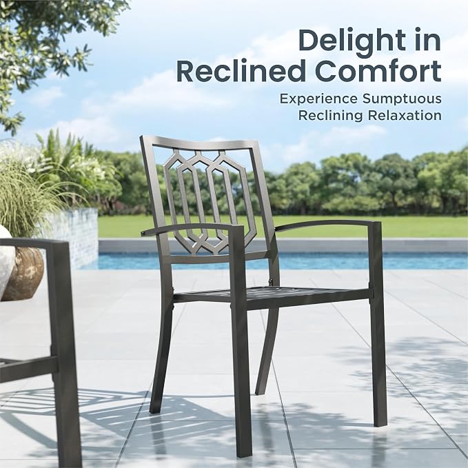 PHI VILLA 5 Pcs Patio Dining Set for 4, 37" Square Wood-Like Table | 37" Square Metal Table with Polywood Top & Stacking Wrought Iron Chairs, Outside Furniture for Patio, Deck, Yard, Porch