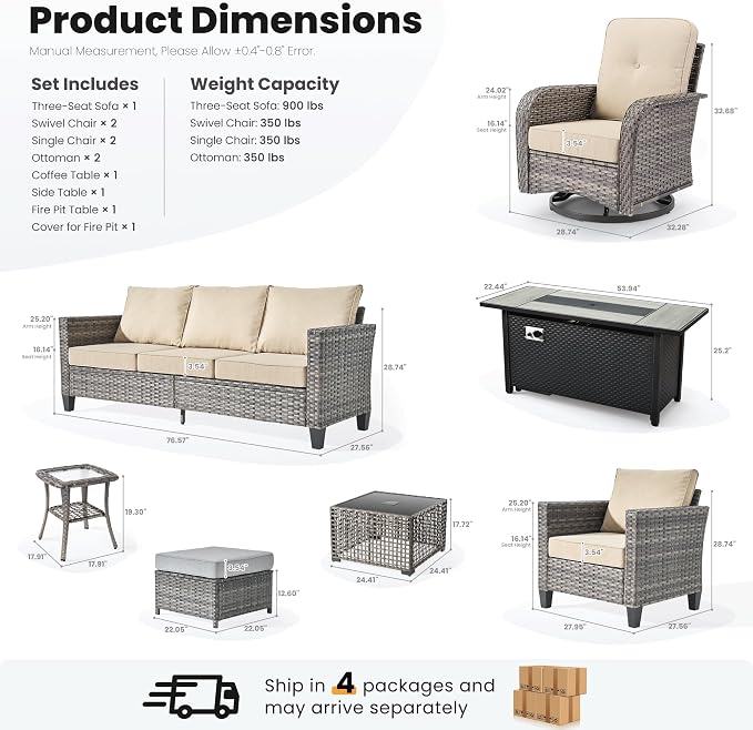 ovios 10 Pieces Patio Furniture Set, Outdoor Wicker Sofa Couch with Swivel Glider Chairs Solar Light Table Fire Pit, Modern Deep Seat Rattan Conversation Sets, Beige