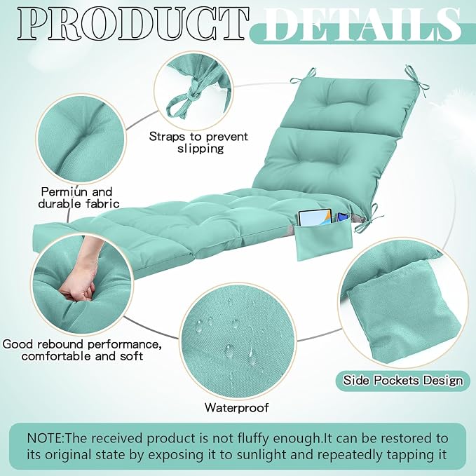 Kigley 2 Pcs Outdoor Chaise Lounge Cushions with 3 Side Pocket 74.5 x 22 x 4.7 Inch Patio Chaise Lounge Cushion, Water-Repellent and Fade-Resistant Tufted Summer Replacement (Light Green)