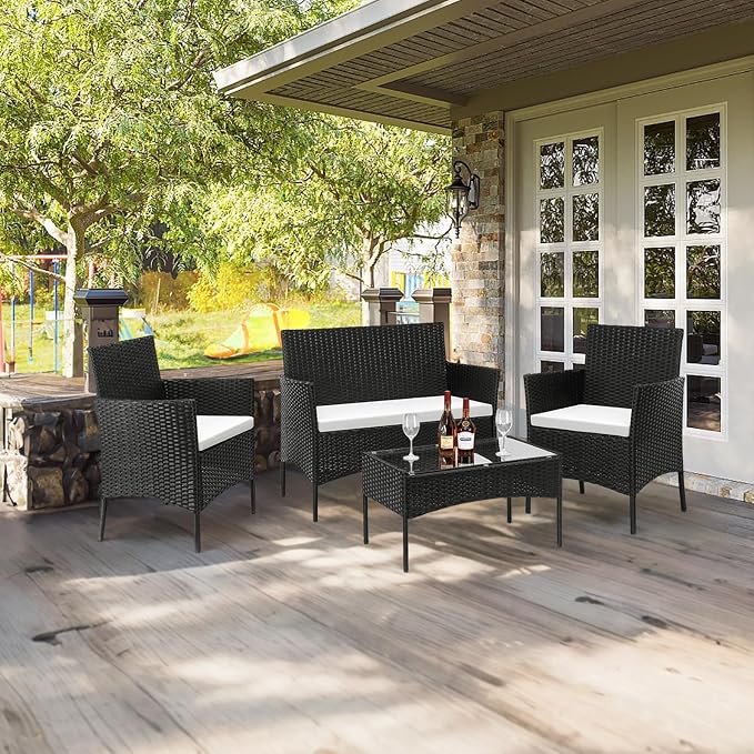 Outvita 4 Pieces Patio Furniture Set, Rattan Conversation Sets with Loveseat Soft Cushion and Glass Table for Garden Backyard Balcony Porch Poolside(Black)