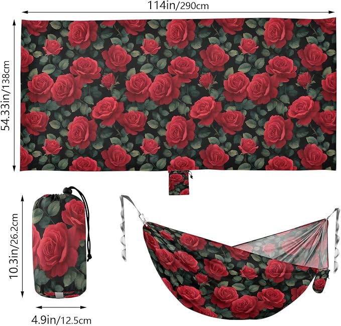 Camping Hammock Outdoor Hammocks for Outside Red Rose Leaves Beach Trees Portable Lightweight with Pockets Tree Straps Indoor