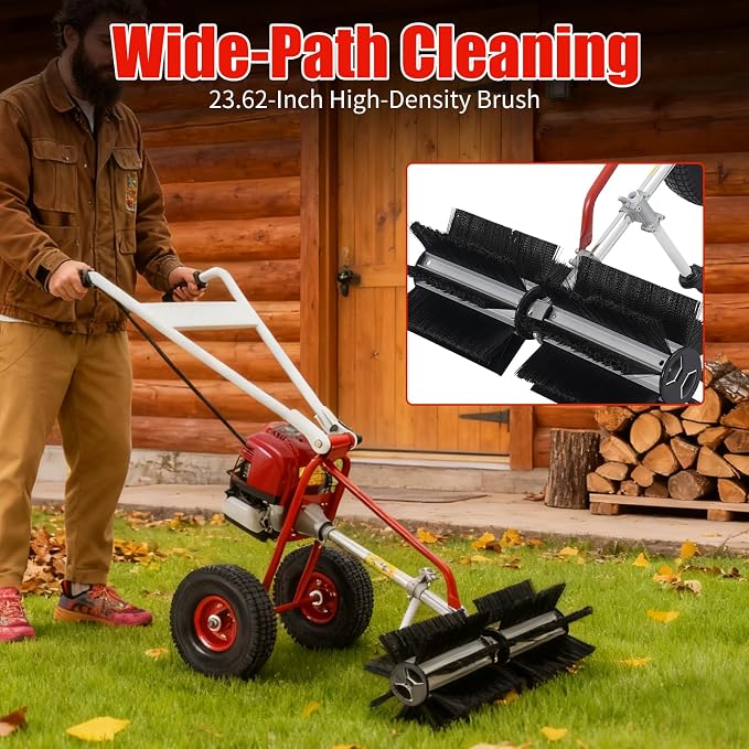 4 Stroke Gas Powered Hand Push Sweeper, Strong Power Lawn Sweeper Machine with 23in Long High-Density Brush, Artificial Grass Brush Gasoline Powered Broom for Lawn, Driveway, Snow