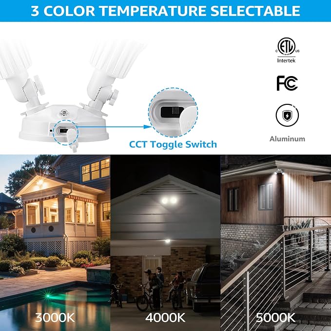 LEONLITE 3CCT Dusk to Dawn LED Security Lights with Photocell, White | Adjustable Dual-Head Flood Light Outdoor, 3000K/4000K/5000K Selectable, 25W(200W Equiv.), Wet Location, Aluminum, ETL Listed
