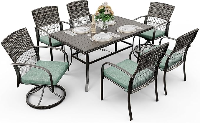 Pamapic 7 Piece Patio Dining Set for 6,Wicker Outdoor Furniture Set for Backyard Garden Deck Poolside with Iron Slats Table Top (Green, 7 PCS Swivel Chair & Fixed Chair)