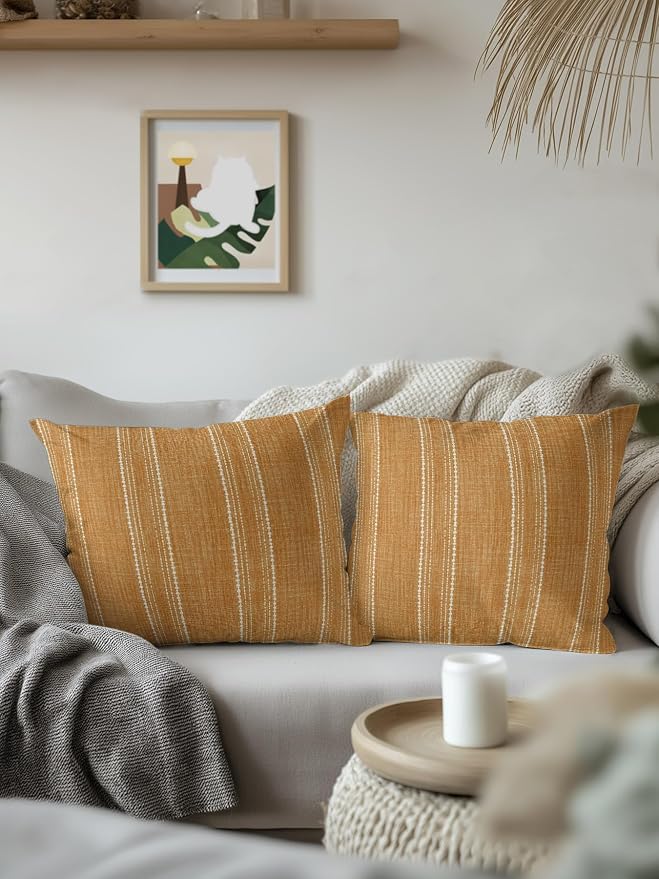 Waterproof Outdoor Pillow 1 Pack Orange Linen Stripes Decorative Throw Pillows Cover & Insert 18x18 Inch Pillowcase Parallel Vertical Lines Pillows for Couch Sofa Bed Patio Furniture Indoor Outdoor