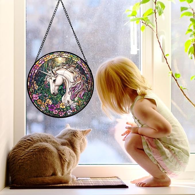 DASTOLL Stained Glass Window Hanging, Unicorn Flowers Suncatcher for Doors Home Sun Catchers Decoration and Christmas, Mother's Day Birthday Gifts for Women, Men, and Mom 9.8 in