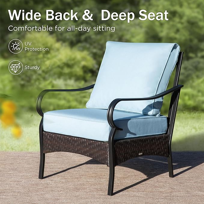 Patio Furniture Set with 32" Fire Pit Table,Patio Conversation Sets 4 Fixed Chairs with Thick Cushion and 50000 BTU Fire Pit Table (5 Pieces,Blue
