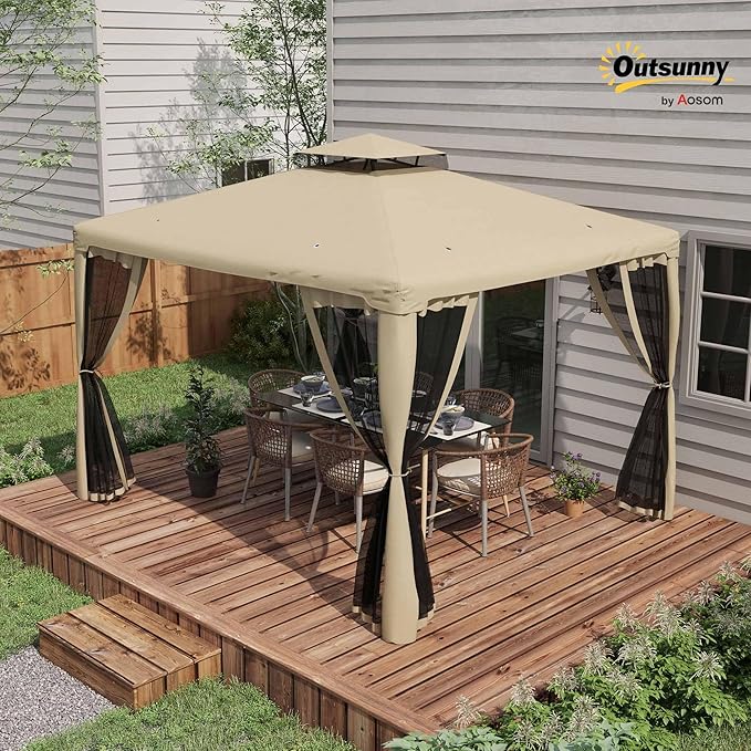 Outsunny 9.6' x 11.6' Patio Gazebo, Outdoor Canopy Shelter with 2-Tier Roof and Netting, Steel Frame for Garden, Lawn, Backyard, and Deck, Taupe