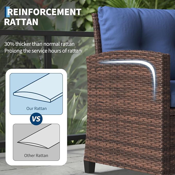 Garvee Outdoor Wicker Chairs,3 Pieces Patio Furniture Set,All Weather High Back Rattan Chairs w/Washable Cushion and Tempered Glass Tabletop for Deck Porch Balcony Backyard Garden,Brown & Blue