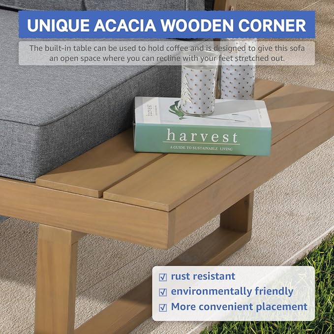 Soleil Jardin 4 Piece Acacia Wood Patio Furniture L-Shaped Outdoor Sectional Sofa Set with Coffee Table, FSC Certified Conversation Set with Built-in Side Table and Grey Cushions for Garden