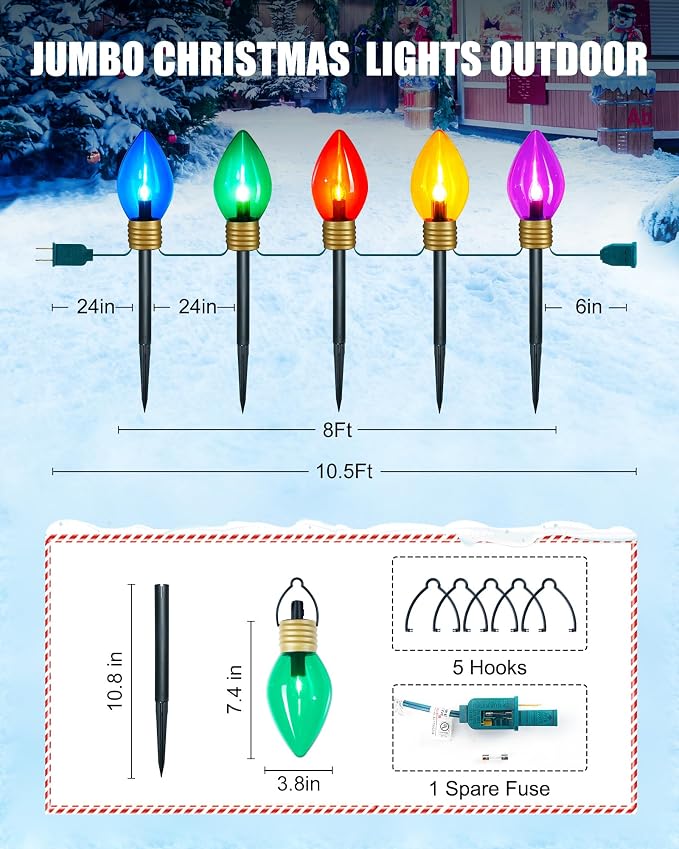 4Pack Jumbo C9 Christmas Pathway Lights Outdoor,Total 34FT C9 Walkway Light | 20 LED Multicolor Bulb Holiday Pathway Light with Marker Stake, Connectable Christmas Lights Outdoor Decoration for Lawn Yard
