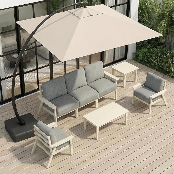 HDPE Patio Furniture Set 5 Seats with Cantilever Umbrella, Outdoor Couch with Washable Thick Gray Cushions & Tables, Outdoor Sectional Furniture for Deck, Lawn, Porch (White Frame)