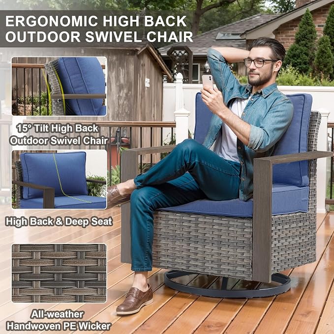 Belord Full 4 Pieces Patio Furniture Set with 41” Propane Fire Pit Table, Outdoor Conversation Set with Swivel Glider Outdoor Chair Set of 2 and Rattan Sofa for Deck Backyard