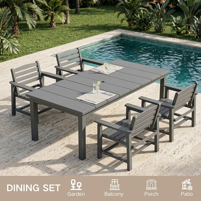 Kingdura 7 Piece Patio Dining Set for 6, 75.2'' HDPE Outdoor Dining Table Set with 2" Umbrella Hole, Weather-Resistant Outdoor Furniture, Table and Chairs Set for Backyard Pool Garden, Grey