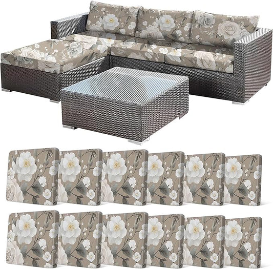 CALBODE 12Pcs Stretch Patio Cushion Cover, Vintage Floral Printed Couch & Sofa Slipcovers for Patio Furniture Cushions Washable Reusable Couch Covers Replacement for All-Season (Cover Only)