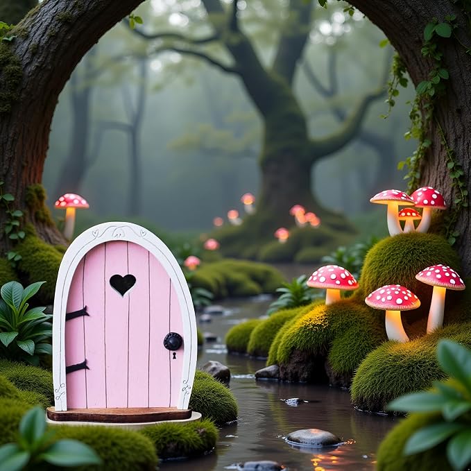 Jinshining Pink Streak Mini Fairy Garden Door for Tree, 3D Miniature Fairy Door for Fairytale Tiny House Doors, Bonsai Terrarium Micro Landscape Decoration Accessories Garden Miniatures