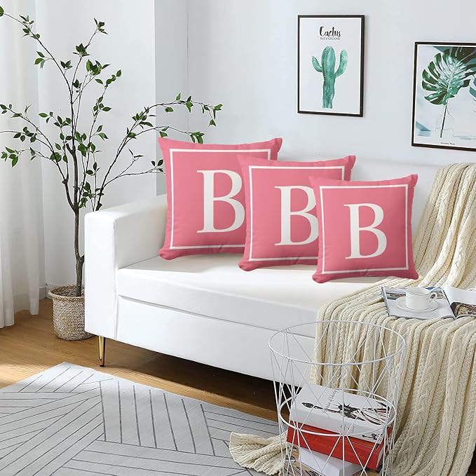 Monogram Initial Pink Outdoor Pillow Covers 18 x 18inches Decorative Pillow Case for Sofa Couch Bed (Pillow Insert Not Include)