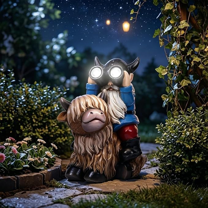 Joint Honglin Solar Garden Statues Resin Gnome Sitting on Highland Cow Outdoor Telescope Gnome Decorations Yard Ornament for Patio Lawn Balcony, Unique Housewarming Birthday Gifts for Mom Dad