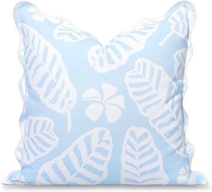 Hofdeco Premium Grandmillennial Coastal Hampton Patio Indoor Outdoor Throw Pillow Cover Only, 20"x20" Water Repellent for Backyard, Couch, Poolside, Baby Blue Print Palm Leaves and Hisbucs Flowers