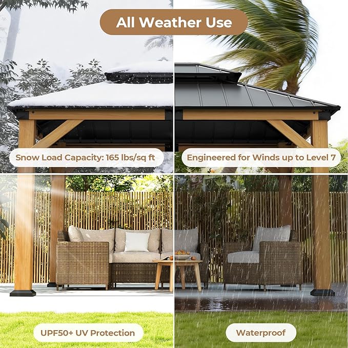 Jocoevol 10' X 12' Wood Gazebo Hardtop Outdoor Permanent Pavilion with Double Galvanized Steel Roof Snow Support, Wind Resistance for Backyard Garden, Lawns, Patio