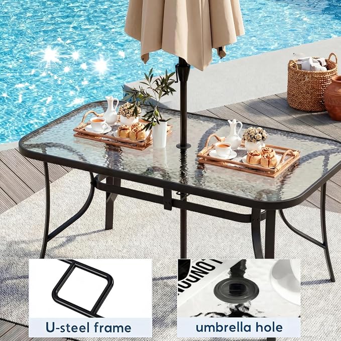 Arlopu 7-Piece Outdoor Table and Chairs for 6, Outdoor Dining Set W/Rectangle Glass Table and Patio Textilene Stackable Chairs, Patio Furniture Set W/Umbrella Hole (Black Table & Navy Blue Chair)