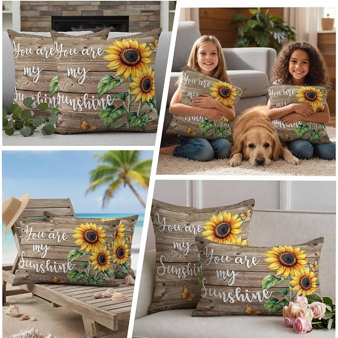Sunflower Outdoor Waterproof Throw Pillow Covers Set of 2, 16"x16", You are My Sun Shine Vintage Brown Wood Board Decorative Pillow Covers Outside Cushion Case for Patio Porch Garden