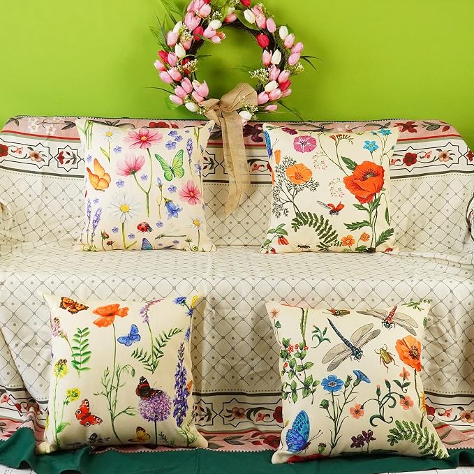 ONWAY Spring Summer Outdoor Waterproof Pillow Covers Set of 4 Floral Farmhouse Throw Pillows Decorative Cushion Cases for Outdoor Couch Sofa Patio Furniture Home Decoration (Beige, 18x18 Inch)