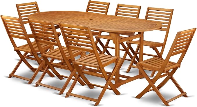 East West Furniture BSBS9CWNA 9 Piece Patio Garden Table Set Includes an Oval Outdoor Acacia Wood Dining Table and 8 Folding Side Chairs, 36x78 Inch, Natural Oil