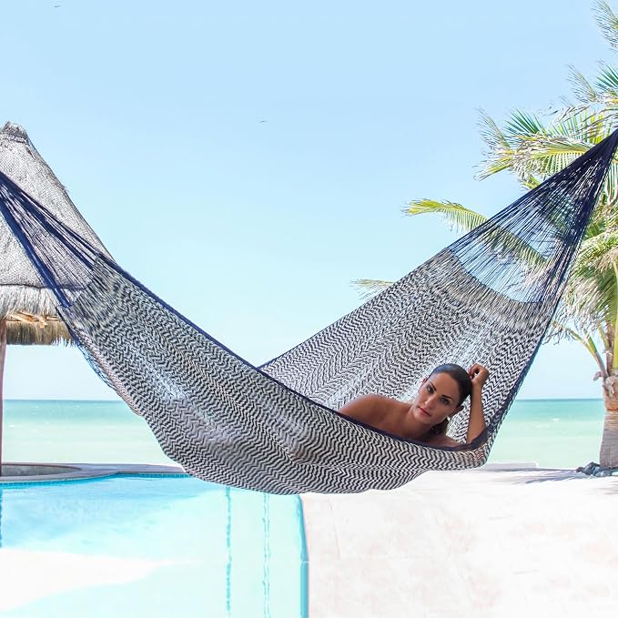 NOVICA Blue Gray Nylon Hand Woven Mayan Rope 2 Person XL Hammock, 'Ocean Waves' (Double)
