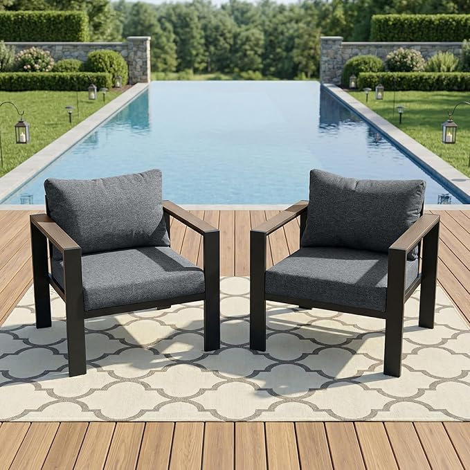 Outdoor Patio Furniture Set 2 Pieces Armchair with Washable Thick Cushions, Luxury Aluminum Patio Furniture Chair Modern Outside Sectional Set for Porch, Balcony, Deck, Yard, Gray