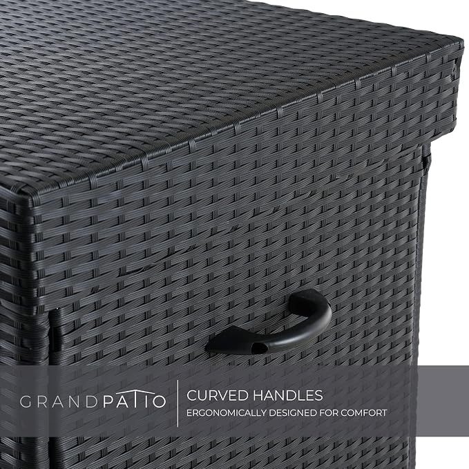 Grand 170 Gallon Deck Storage Bin - Outdoor/Indoor Wicker Storage for Patio Furniture Cushions, Garden Tools, Pool Accessories - Black
