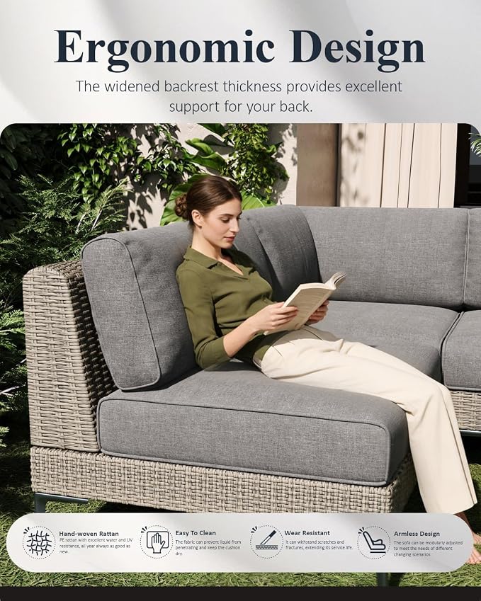 LayinSun 5-Piece Wicker Rattan Patio Furniture Set, Deep Seating Outdoor Modular Sectional Sofa Conversation Set with Thick Cushions for Lawn, Garden