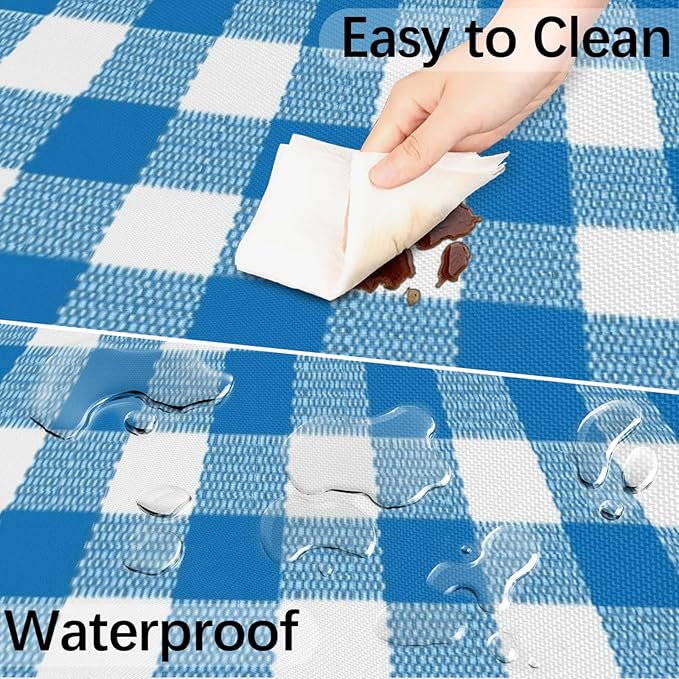Fitted Round Tablecloth with Umbrella Hole and Zipper Buffalo Plaid Outdoor Elastic Table Cloth 36"-44" Oil-Proof Waterproof Moroccan Patio Table Cover for Dining Picnic Party, Blue and White