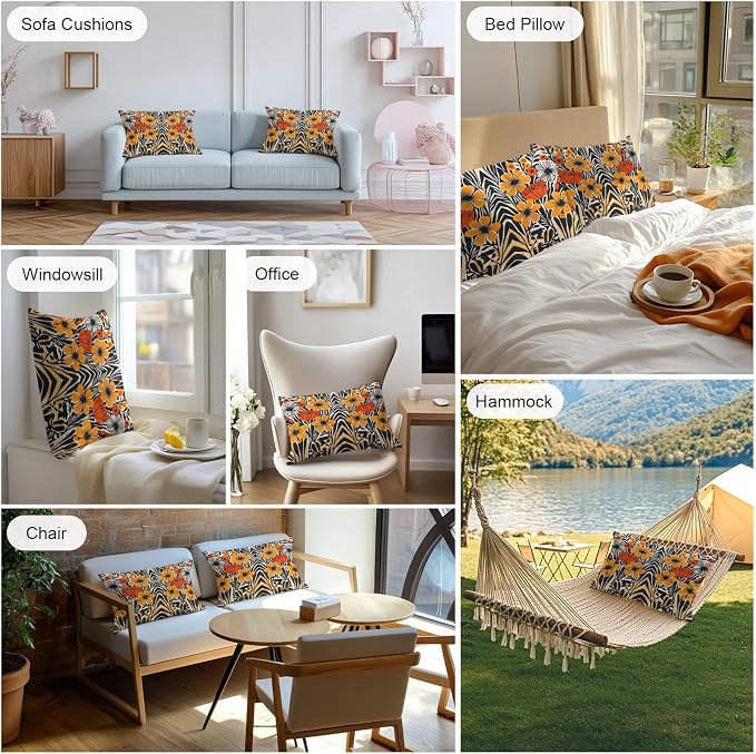Orange Yellow Black Botanical Outdoor Pillow Covers 20x12 Inch Lumbar Pillow Covers Set of 2 Waterproof Decorative Throw Pillow Cases Modernism Spring Floral Cushion Covers for Patio Furniture Garden
